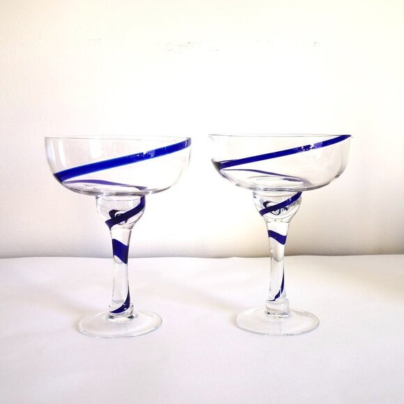 Pier 1 "Swirline Cobalt Blue" Margarita Glasses With Swirl On Stem Set of 2 - Picture 2 of 5